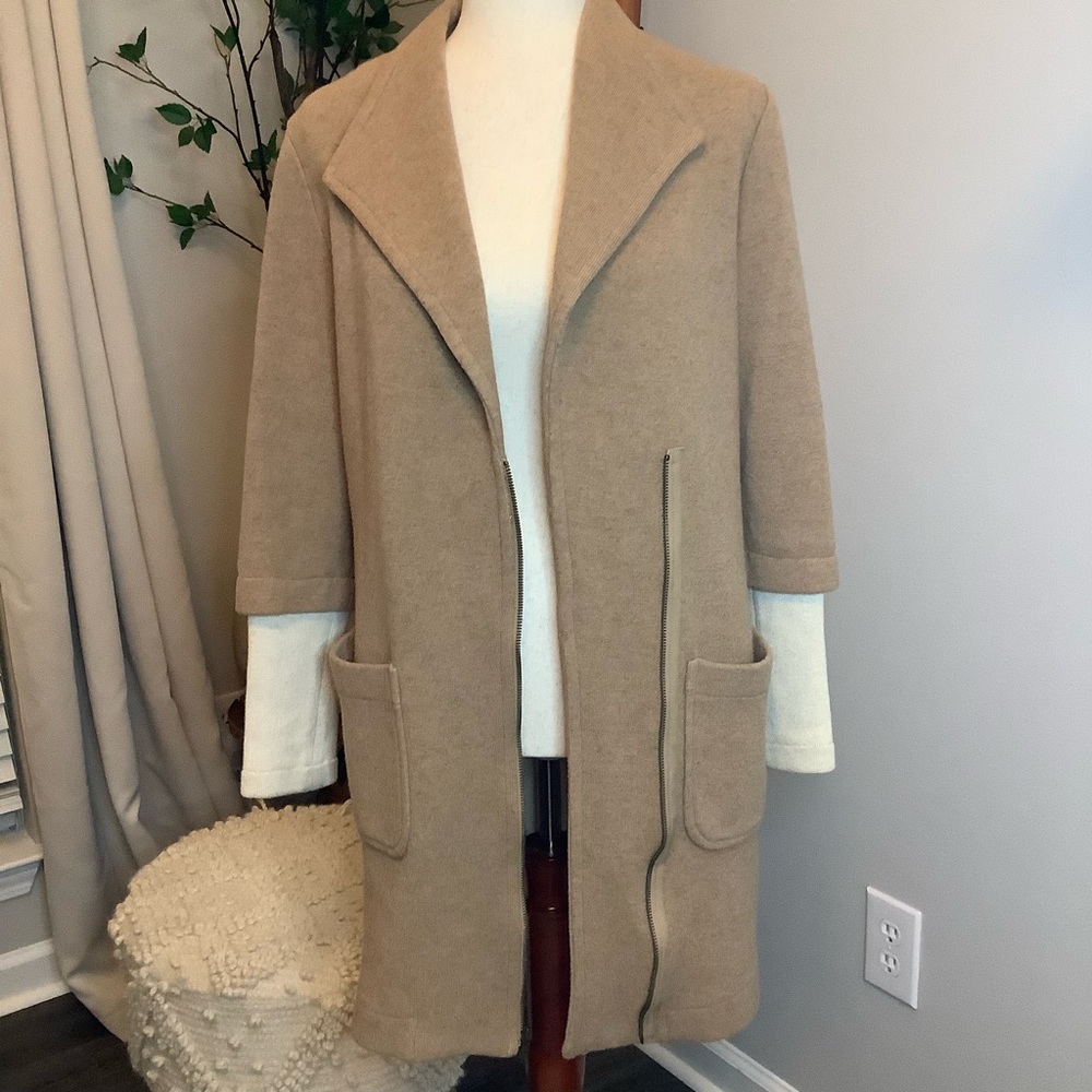 Madison Stone Anthropologie long knit sweater jacket coat camel cream trench 0